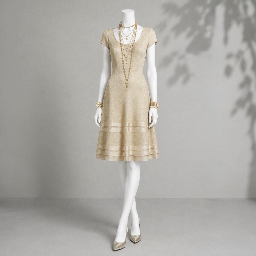 ST JOHN Gold Metallic Dress 8 Stretch Knit A-Line Quiet Luxury Wedding Guest - Picture 2 of 15